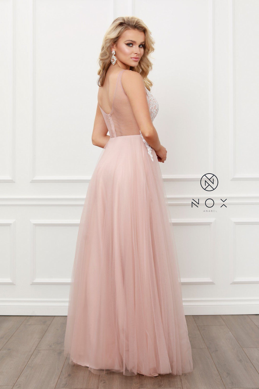 Long Lace Applique Tulle Dress by Nox Anabel G443