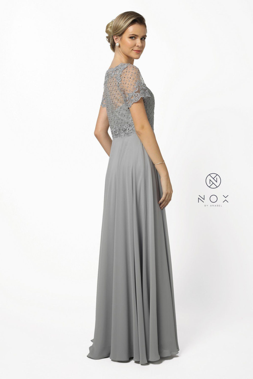 Long Lace Appliqued Dress with Short Sleeves by Nox Anabel Y514-Long Formal Dresses-ABC Fashion