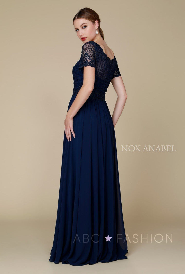 Long Lace Appliqued Dress with Short Sleeves by Nox Anabel Y514-Long Formal Dresses-ABC Fashion
