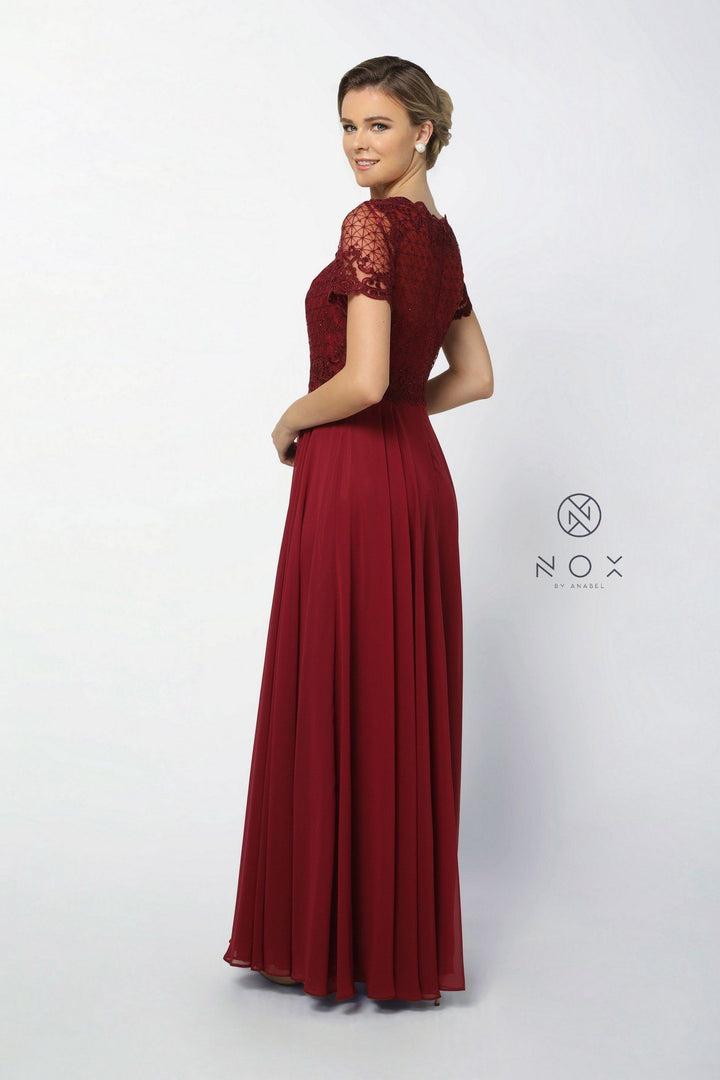 Long Lace Appliqued Dress with Short Sleeves by Nox Anabel Y514-Long Formal Dresses-ABC Fashion