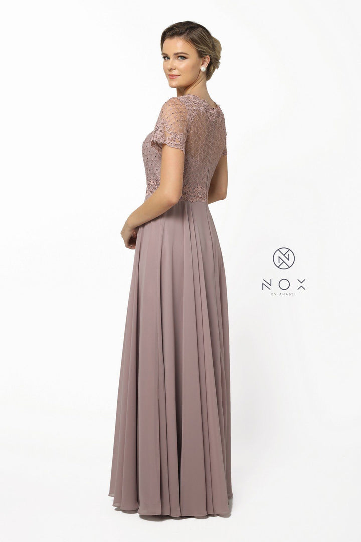 Long Lace Appliqued Dress with Short Sleeves by Nox Anabel Y514-Long Formal Dresses-ABC Fashion