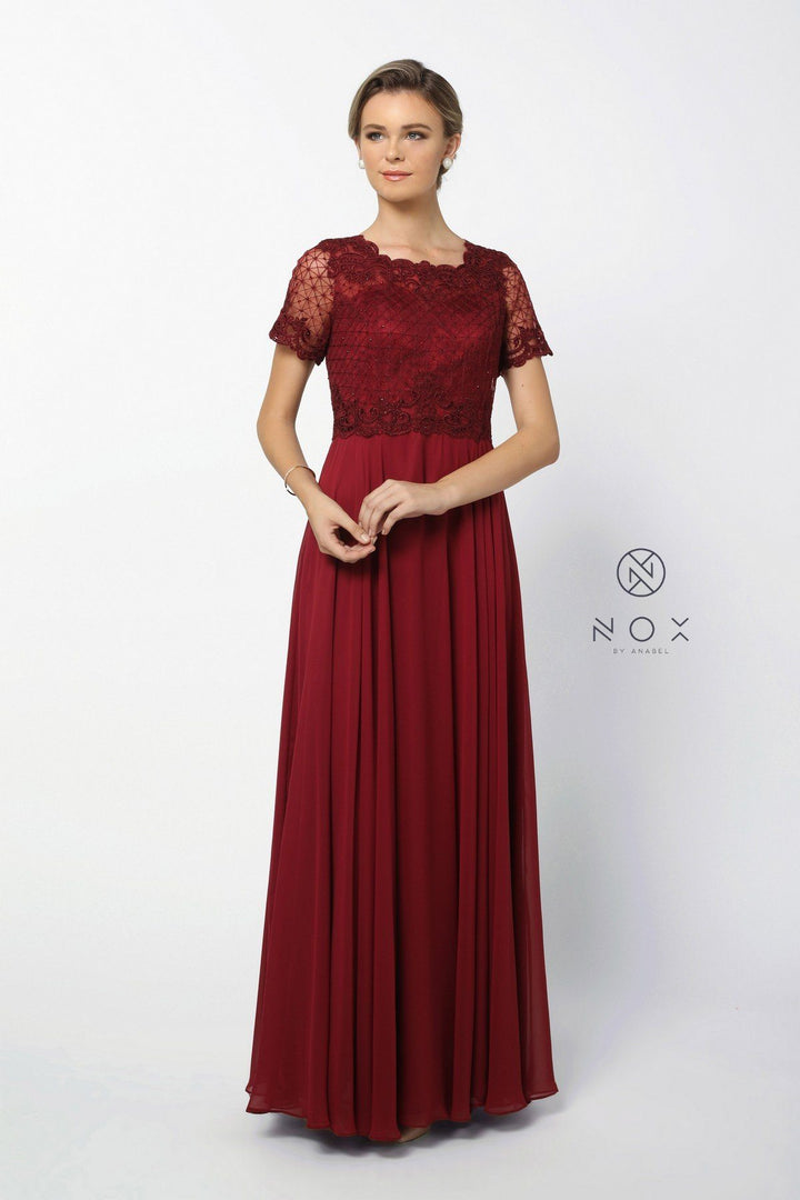 Long Lace Appliqued Dress with Short Sleeves by Nox Anabel Y514-Long Formal Dresses-ABC Fashion