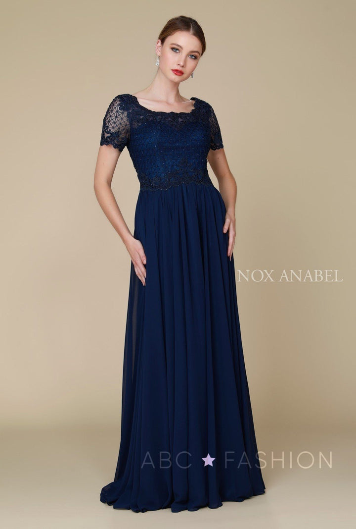 Long Lace Appliqued Dress with Short Sleeves by Nox Anabel Y514-Long Formal Dresses-ABC Fashion