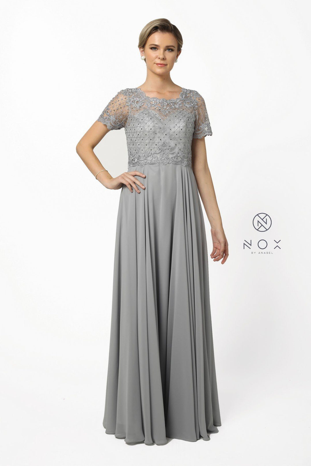 Long Lace Appliqued Dress with Short Sleeves by Nox Anabel Y514-Long Formal Dresses-ABC Fashion