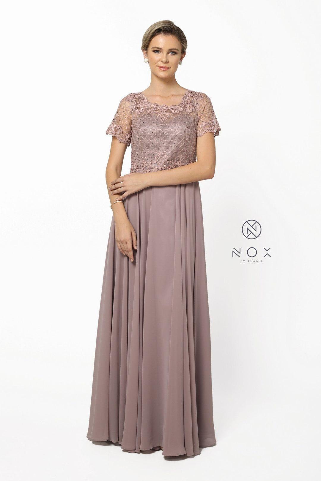 Long Lace Appliqued Dress with Short Sleeves by Nox Anabel Y514-Long Formal Dresses-ABC Fashion