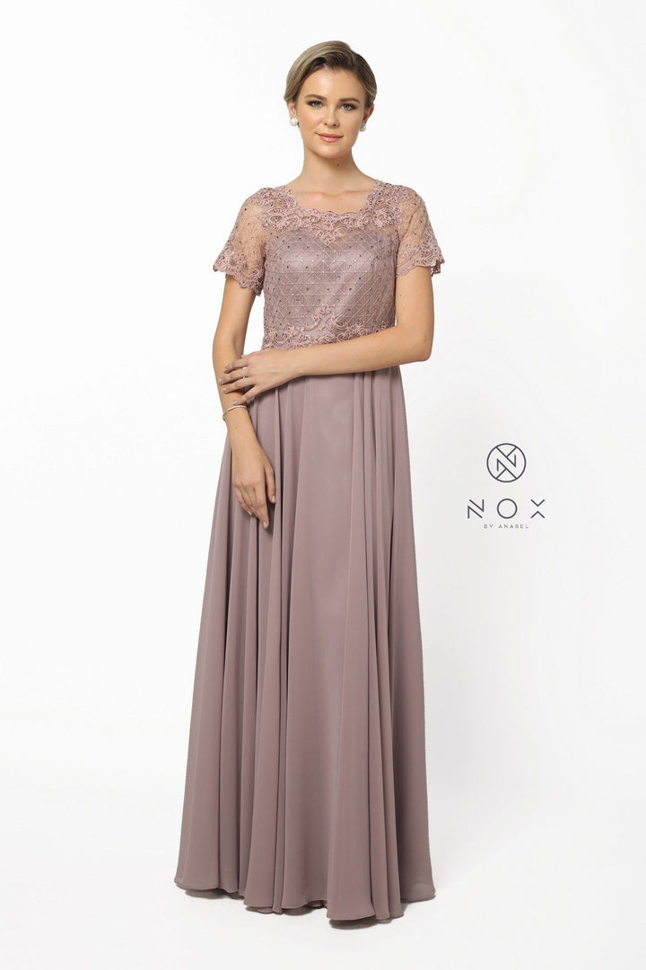 Long Lace Appliqued Dress with Short Sleeves by Nox Anabel Y514-Long Formal Dresses-ABC Fashion