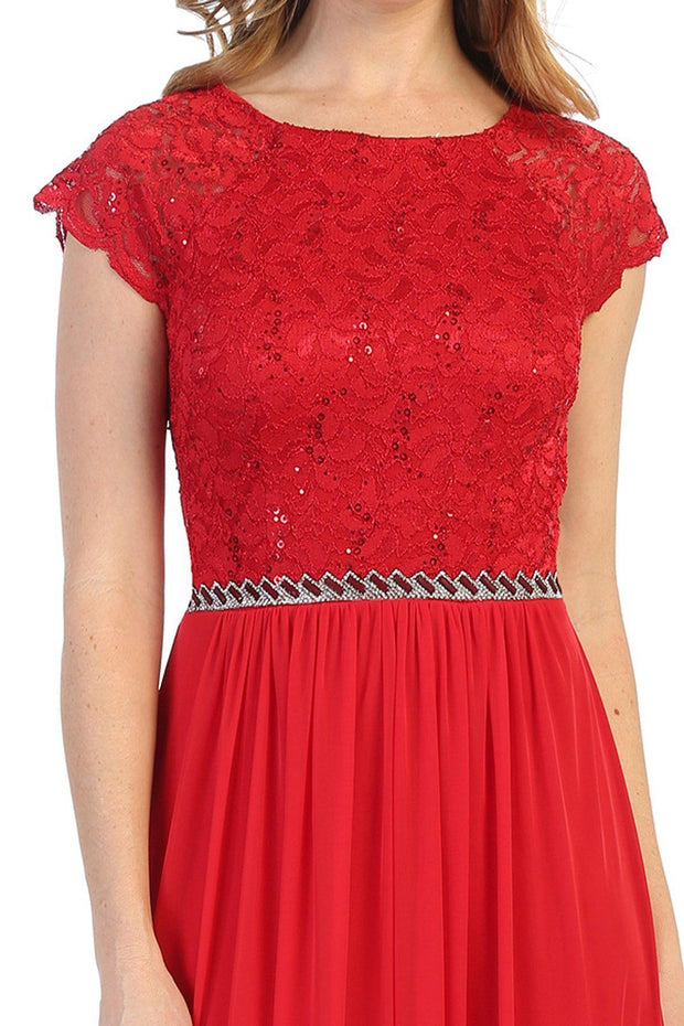 Long Lace Bodice A-line Dress with Short Sleeves by Celavie 6394L