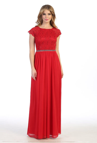 Long Lace Bodice A-line Dress with Short Sleeves by Celavie 6394L
