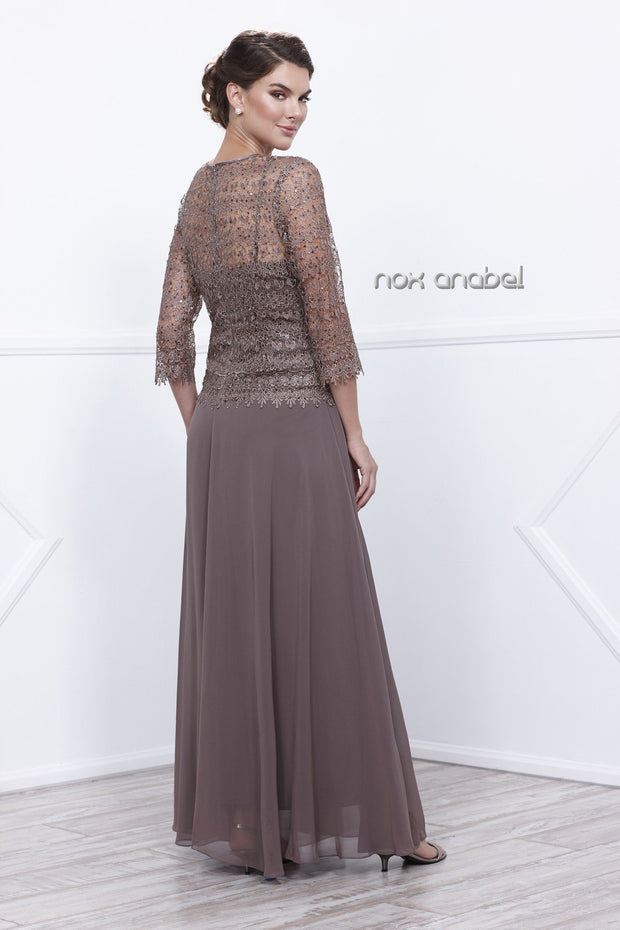 Long Lace Bodice Dress with 3/4 Sleeves by Nox Anabel 5083