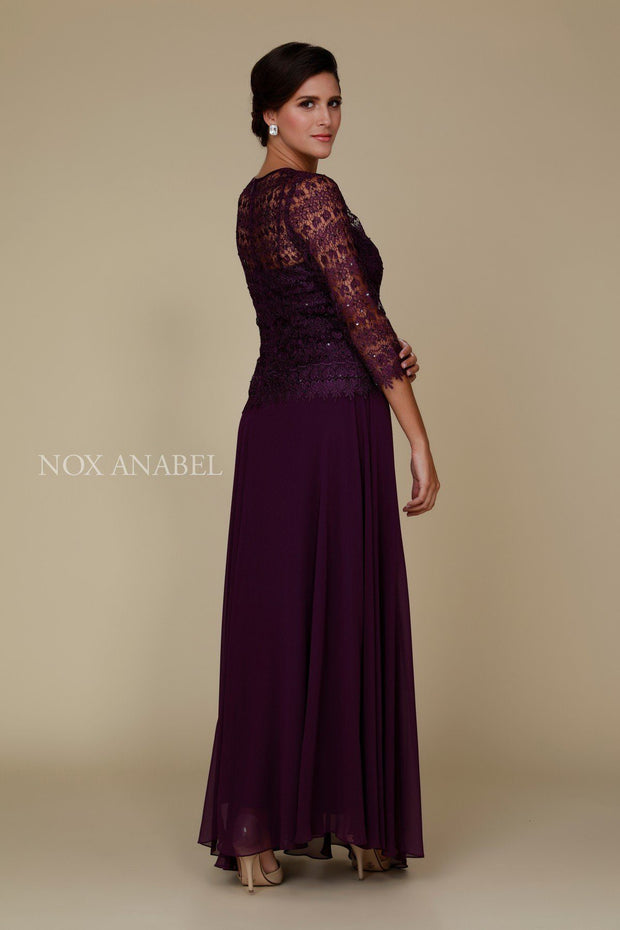 Long Lace Bodice Dress with 3/4 Sleeves by Nox Anabel 5083