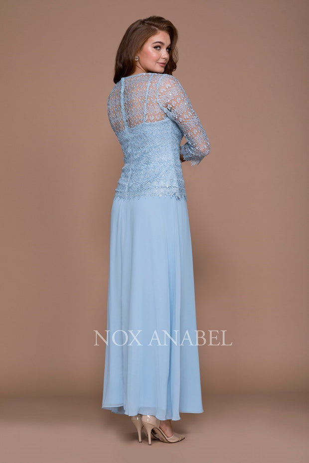 Long Lace Bodice Dress with 3/4 Sleeves by Nox Anabel 5083-Long Formal Dresses-ABC Fashion