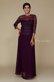 Long Lace Bodice Dress with 3/4 Sleeves by Nox Anabel 5083