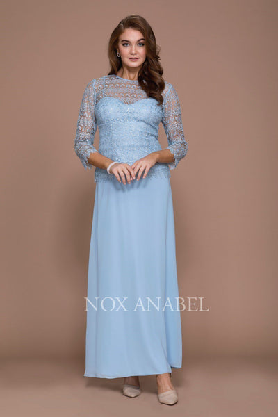 Long Lace Bodice Dress with 3/4 Sleeves by Nox Anabel 5083-Long Formal Dresses-ABC Fashion