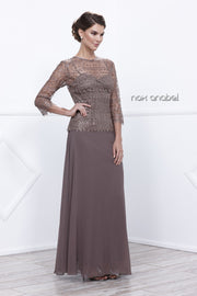 Long Lace Bodice Dress with 3/4 Sleeves by Nox Anabel 5083