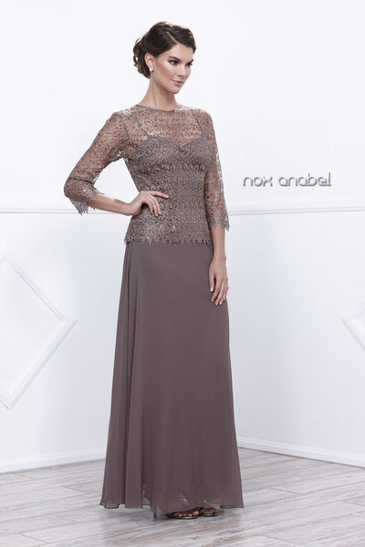 Long Lace Bodice Dress with 3/4 Sleeves by Nox Anabel 5083