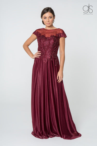 Long Lace Bodice Dress with Cap Sleeves by Elizabeth K GL2828-Long Formal Dresses-ABC Fashion