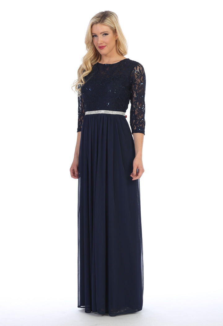 Long Lace Bodice Dress with Long Sleeves by Celavie 6305L-Long Formal Dresses-ABC Fashion