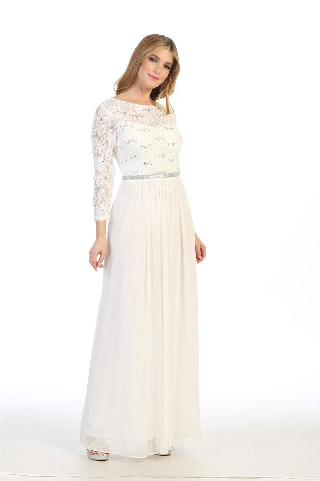 Long Lace Bodice Dress with Long Sleeves by Celavie 6305L