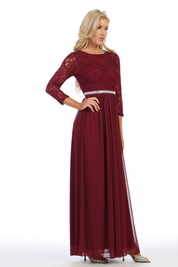 Long Lace Bodice Dress with Long Sleeves by Celavie 6305L-Long Formal Dresses-ABC Fashion