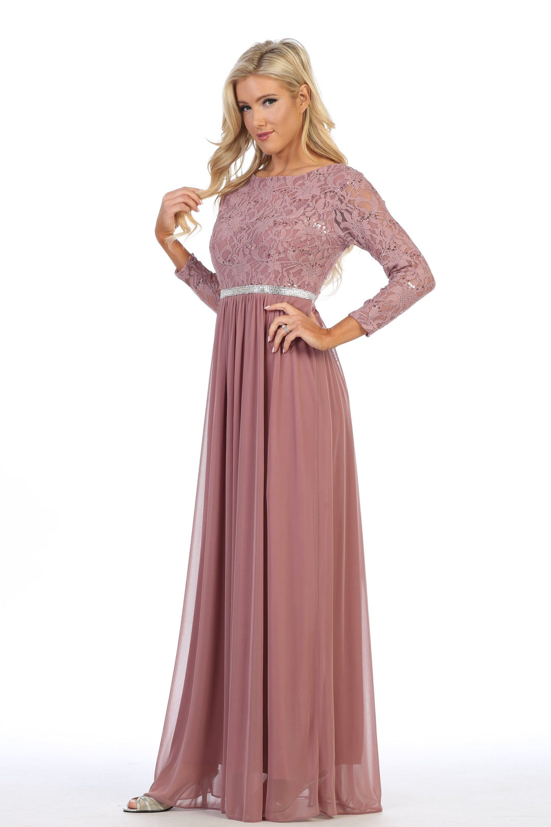 Long Lace Bodice Dress with Long Sleeves by Celavie 6305L-Long Formal Dresses-ABC Fashion