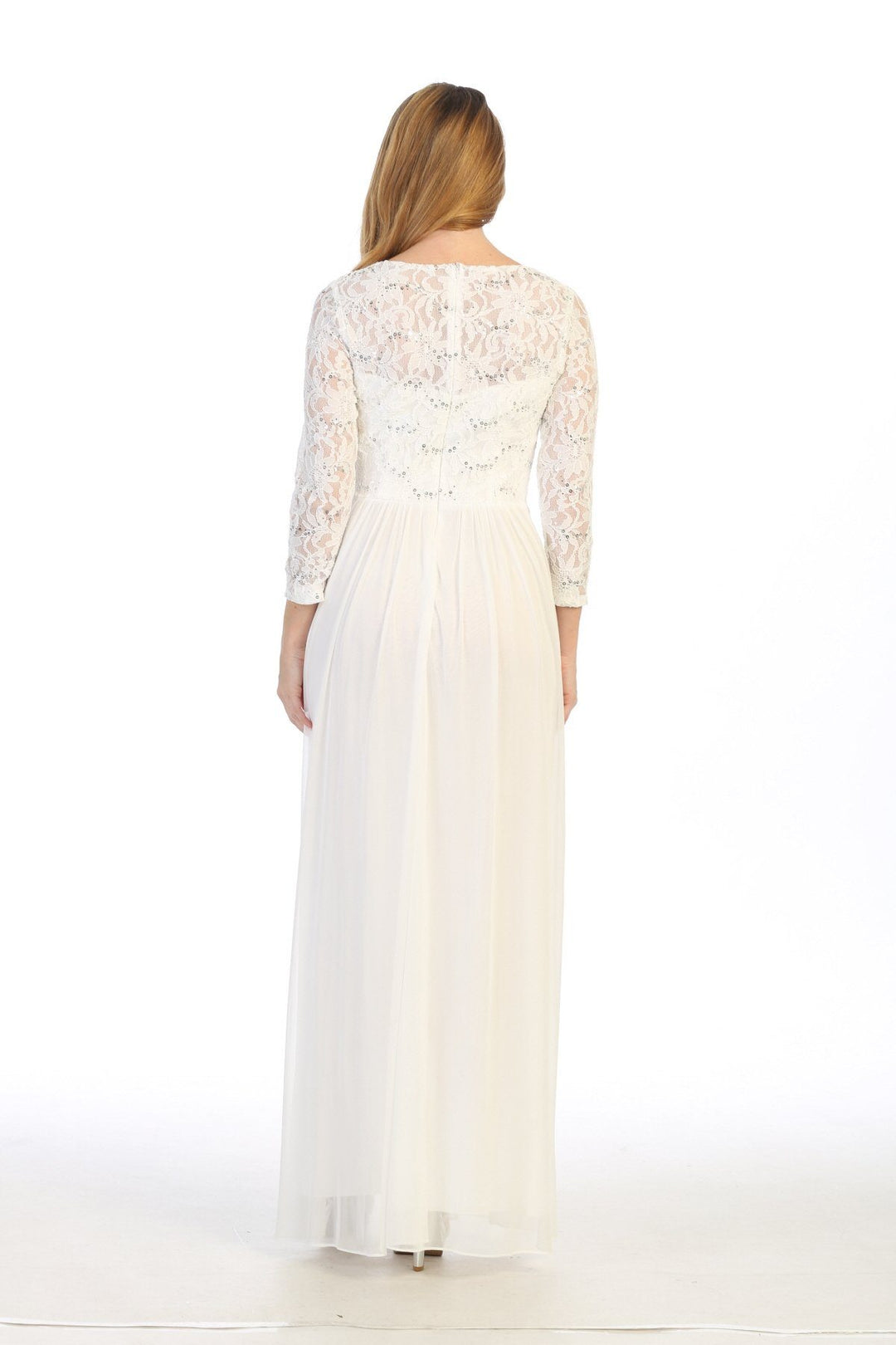 Long Lace Bodice Dress with Long Sleeves by Celavie 6305L