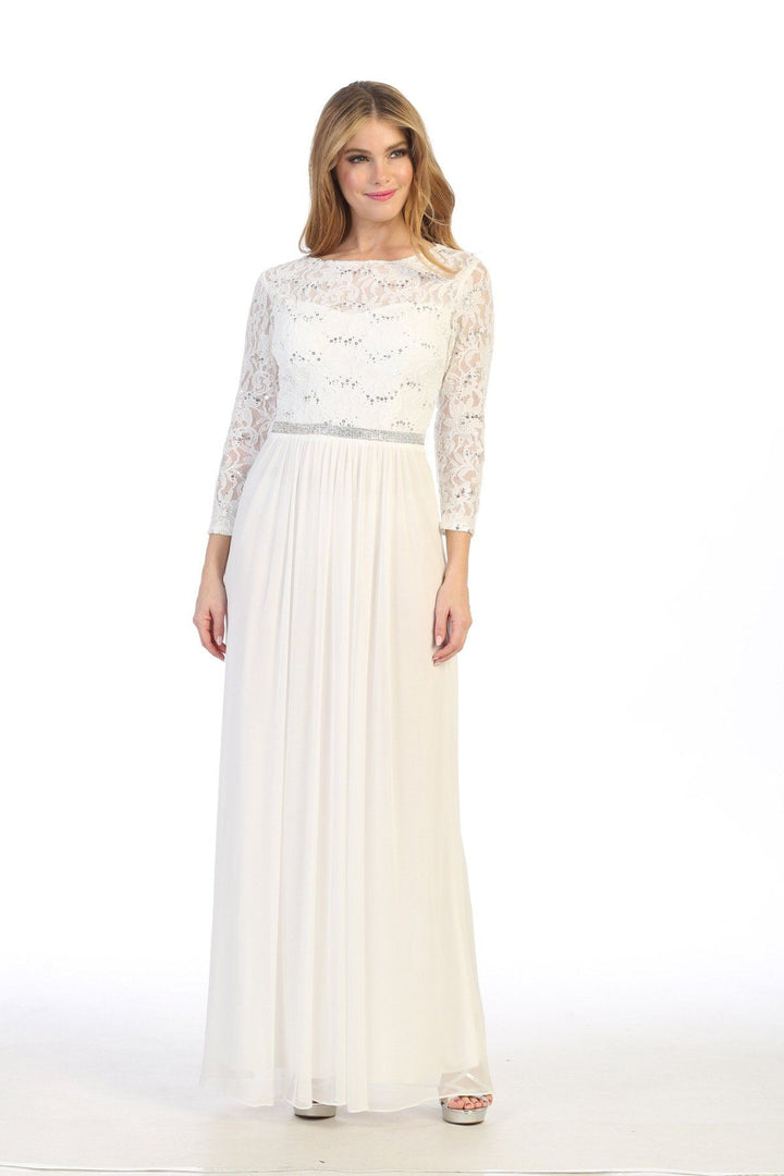 Long Lace Bodice Dress with Long Sleeves by Celavie 6305L