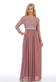 Long Lace Bodice Dress with Long Sleeves by Celavie 6305L-Long Formal Dresses-ABC Fashion