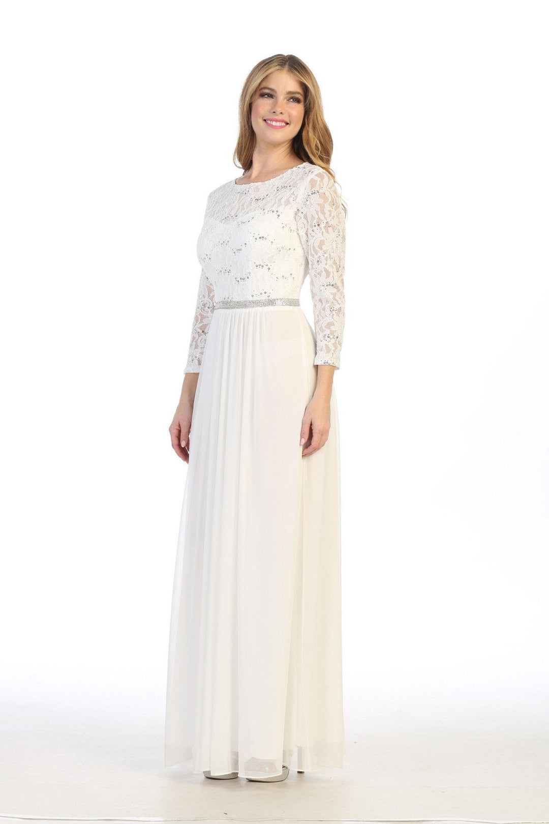 Long Lace Bodice Dress with Long Sleeves by Celavie 6305L