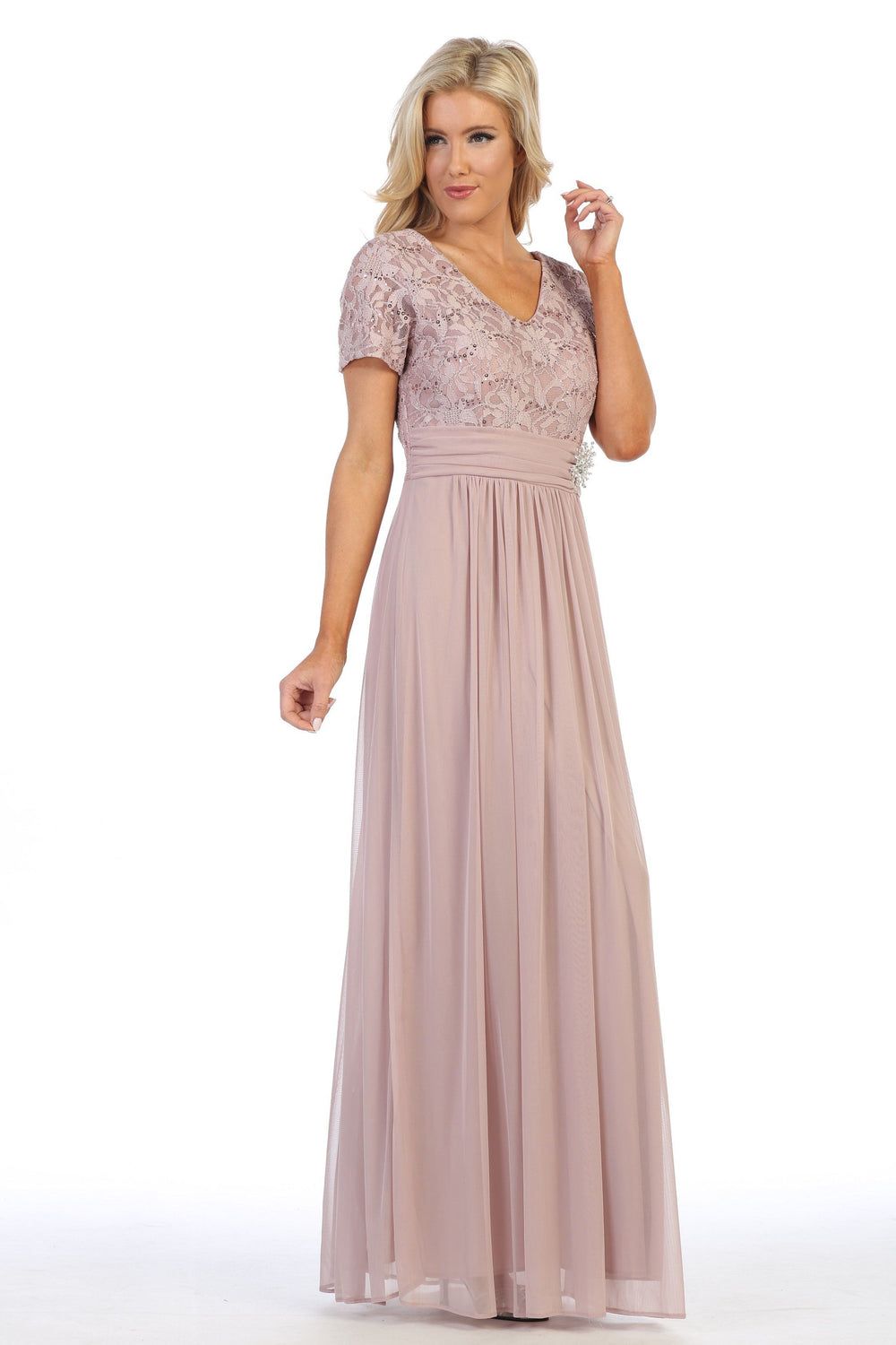 Long Lace Bodice Dress with Short Sleeves by Celavie 6320L-Long Formal Dresses-ABC Fashion