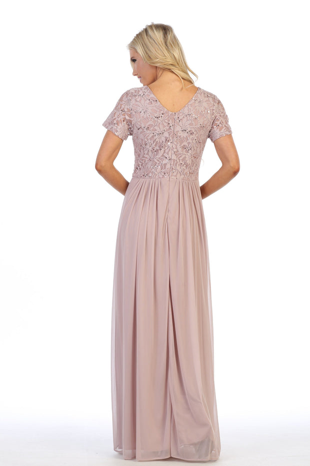 Long Lace Bodice Dress with Short Sleeves by Celavie 6320L-Long Formal Dresses-ABC Fashion