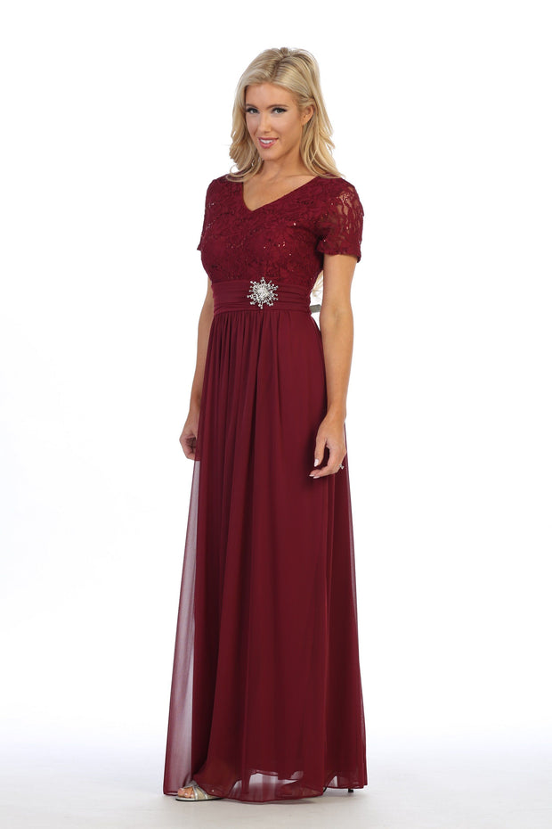 Long Lace Bodice Dress with Short Sleeves by Celavie 6320L-Long Formal Dresses-ABC Fashion