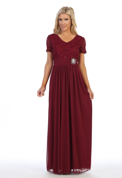 Long Lace Bodice Dress with Short Sleeves by Celavie 6320L-Long Formal Dresses-ABC Fashion