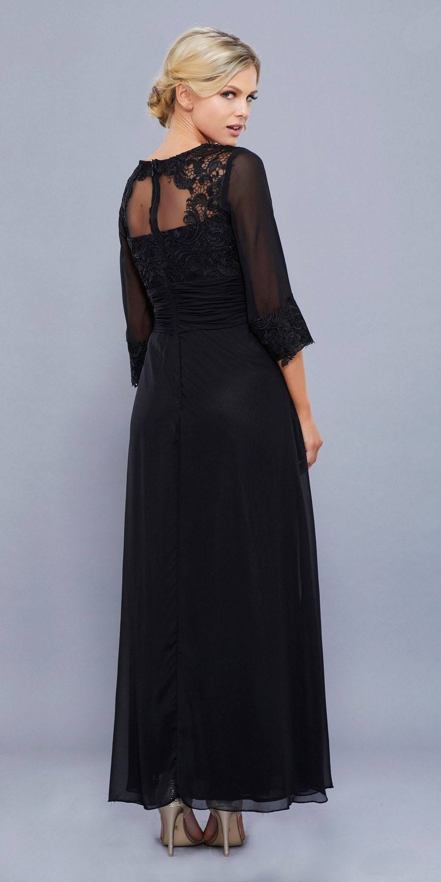 Long Lace Bodice Illusion Dress with 3/4 Sleeves by Nox Anabel 5101-Long Formal Dresses-ABC Fashion