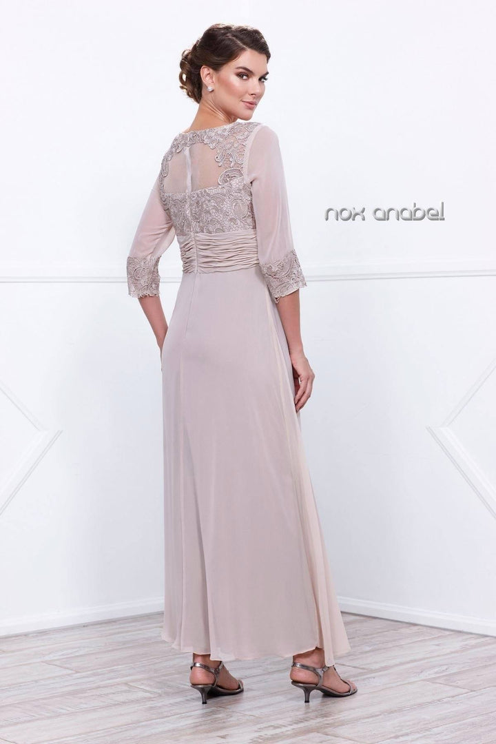 Long Lace Bodice Illusion Dress with 3/4 Sleeves by Nox Anabel 5101-Long Formal Dresses-ABC Fashion
