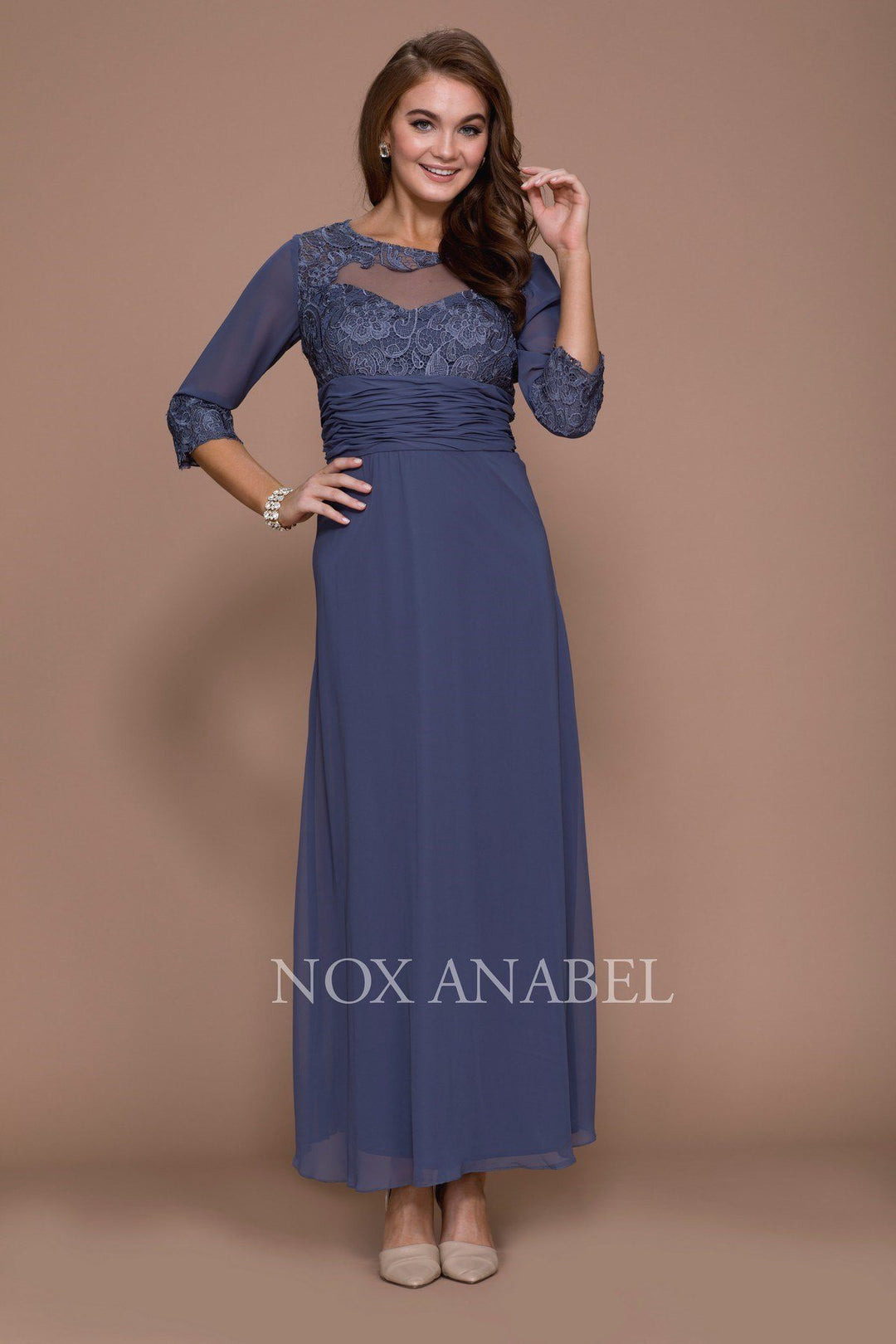 Long Lace Bodice Illusion Dress with 3/4 Sleeves by Nox Anabel 5101-Long Formal Dresses-ABC Fashion