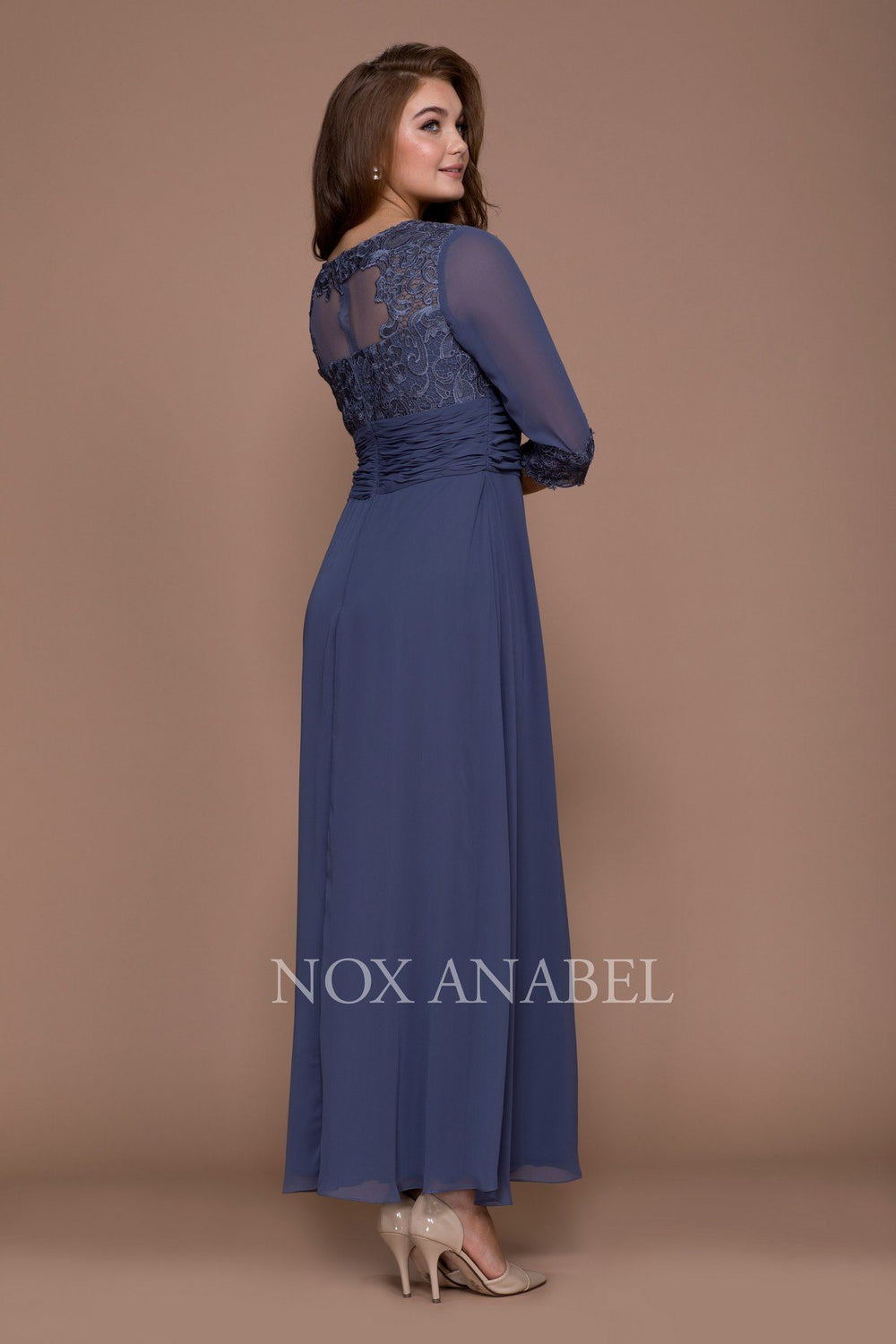 Long Lace Bodice Illusion Dress with 3/4 Sleeves by Nox Anabel 5101-Long Formal Dresses-ABC Fashion