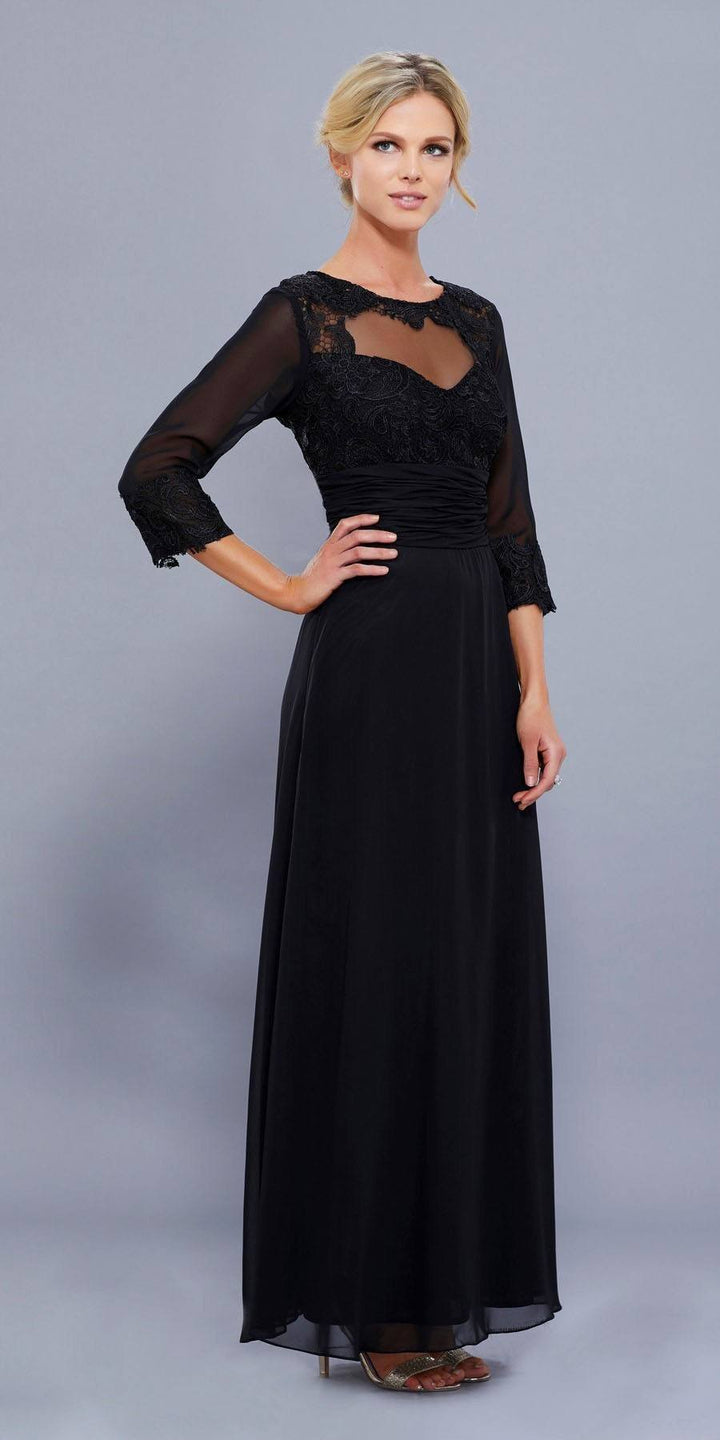 Long Lace Bodice Illusion Dress with 3/4 Sleeves by Nox Anabel 5101-Long Formal Dresses-ABC Fashion