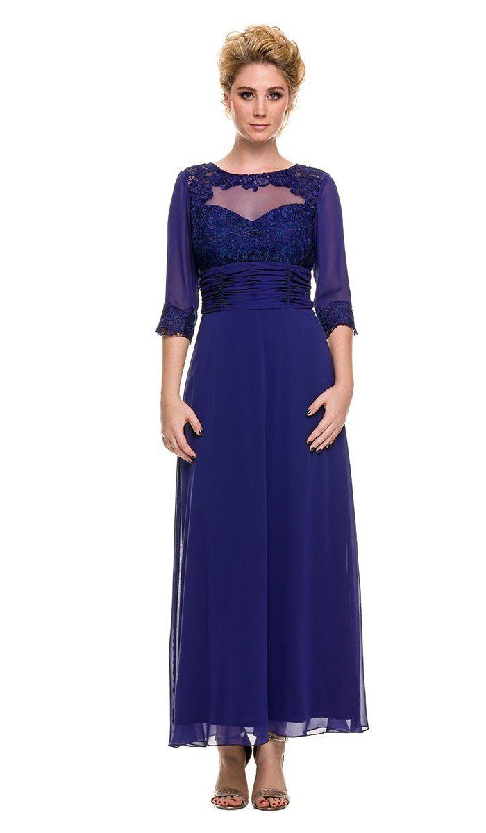 Long Lace Bodice Illusion Dress with 3/4 Sleeves by Nox Anabel 5101-Long Formal Dresses-ABC Fashion