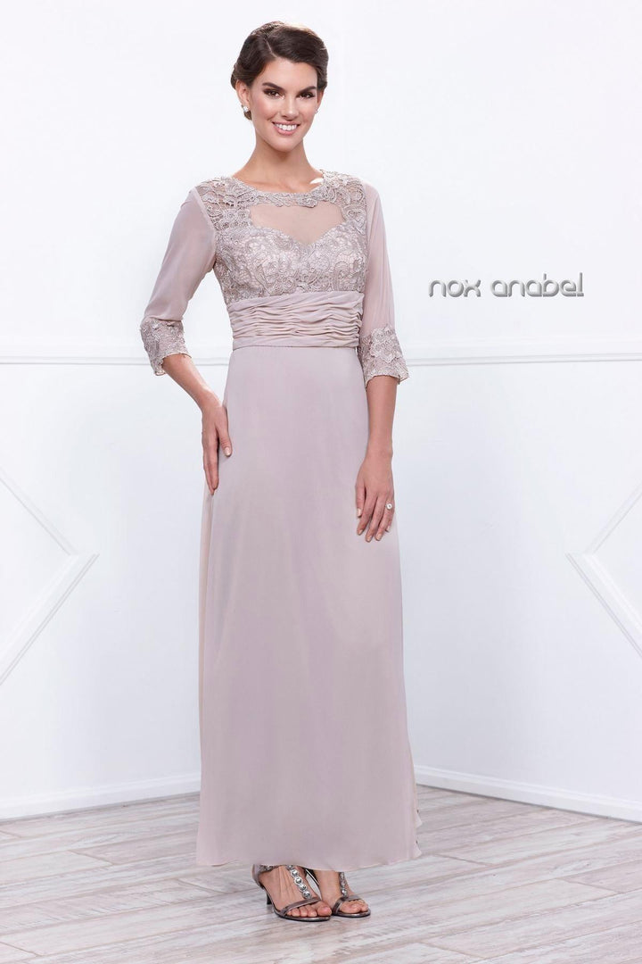 Long Lace Bodice Illusion Dress with 3/4 Sleeves by Nox Anabel 5101-Long Formal Dresses-ABC Fashion