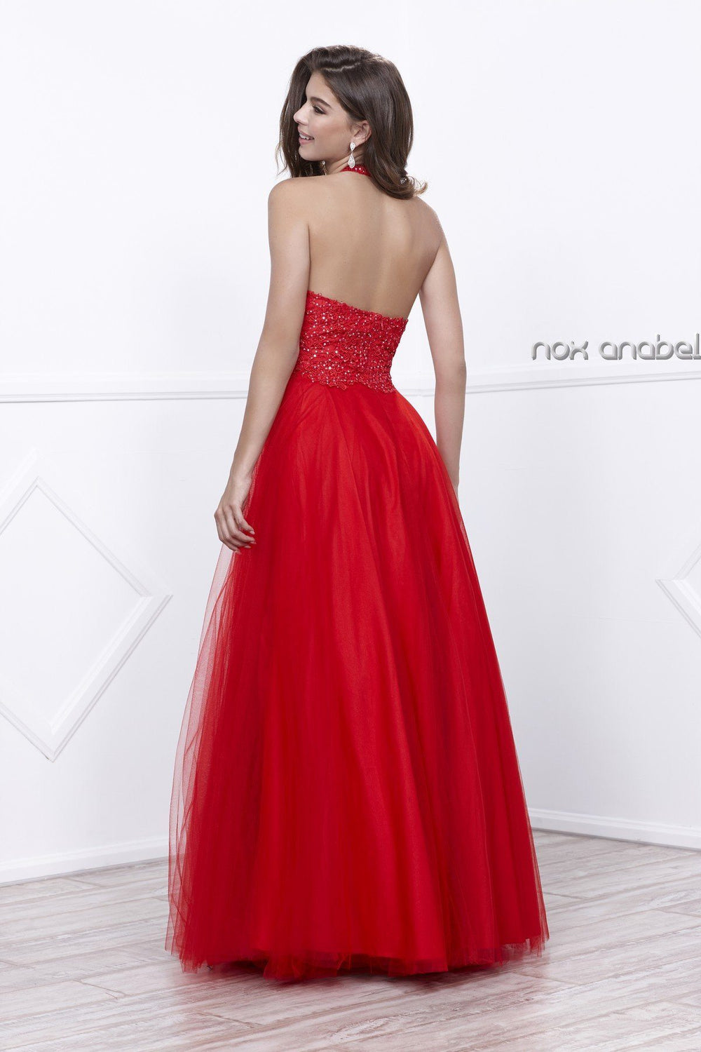 Long Lace Embroidered Halter Dress by Nox Anabel 8181-Long Formal Dresses-ABC Fashion