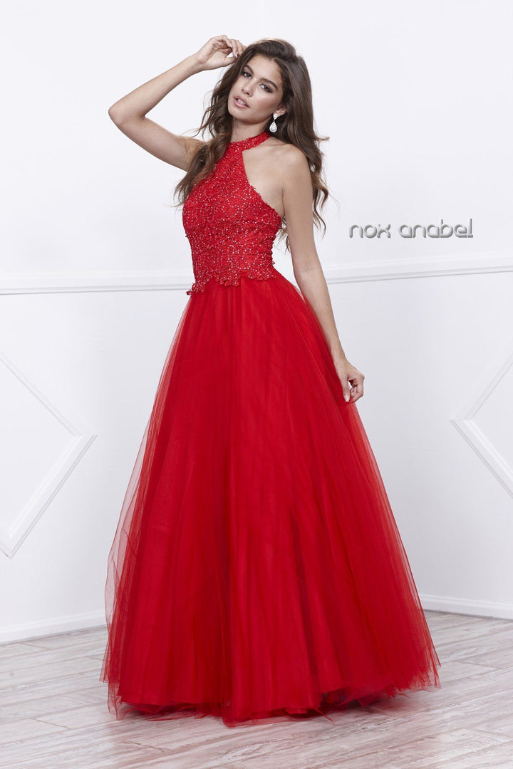 Long Lace Embroidered Halter Dress by Nox Anabel 8181-Long Formal Dresses-ABC Fashion