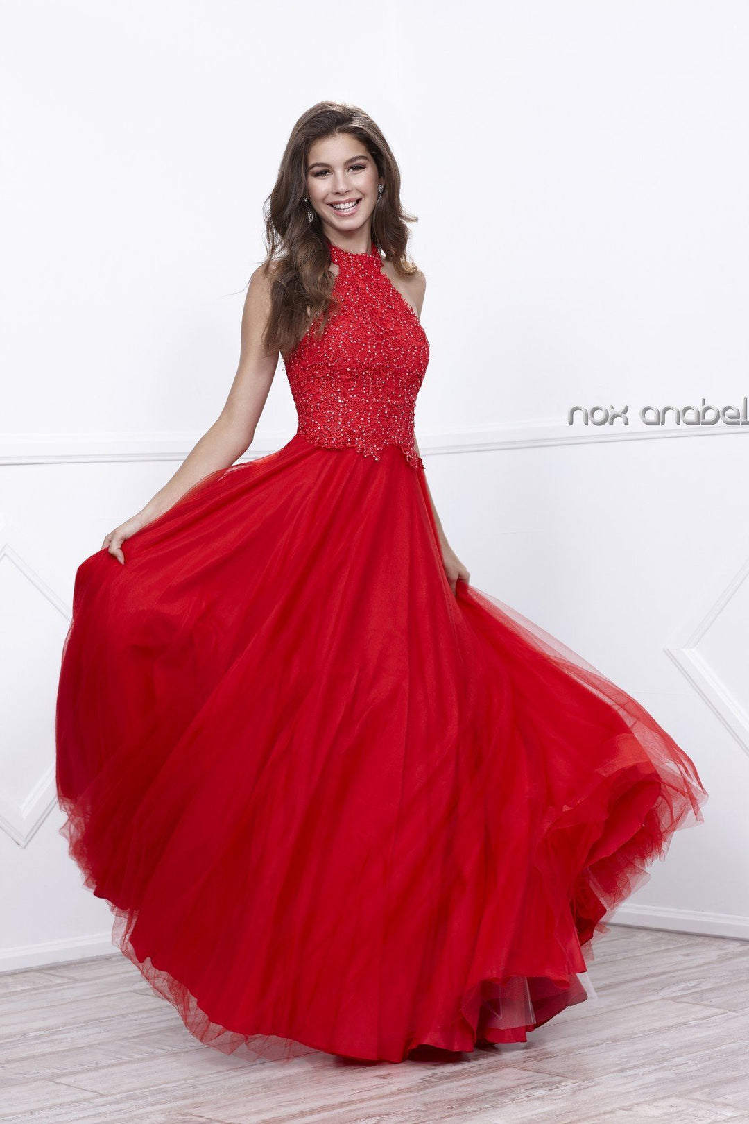 Long Lace Embroidered Halter Dress by Nox Anabel 8181-Long Formal Dresses-ABC Fashion