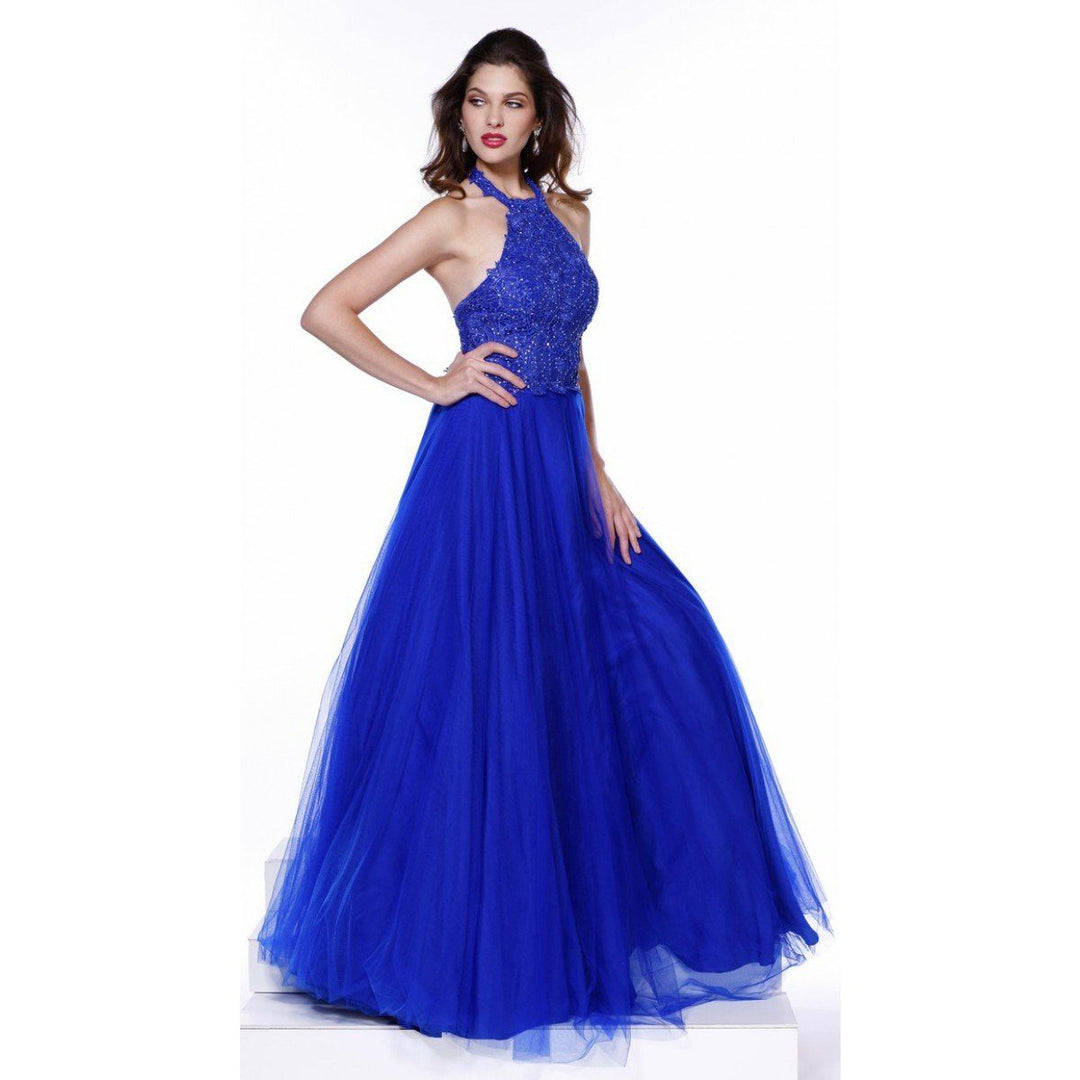 Long Lace Embroidered Halter Dress by Nox Anabel 8181-Long Formal Dresses-ABC Fashion