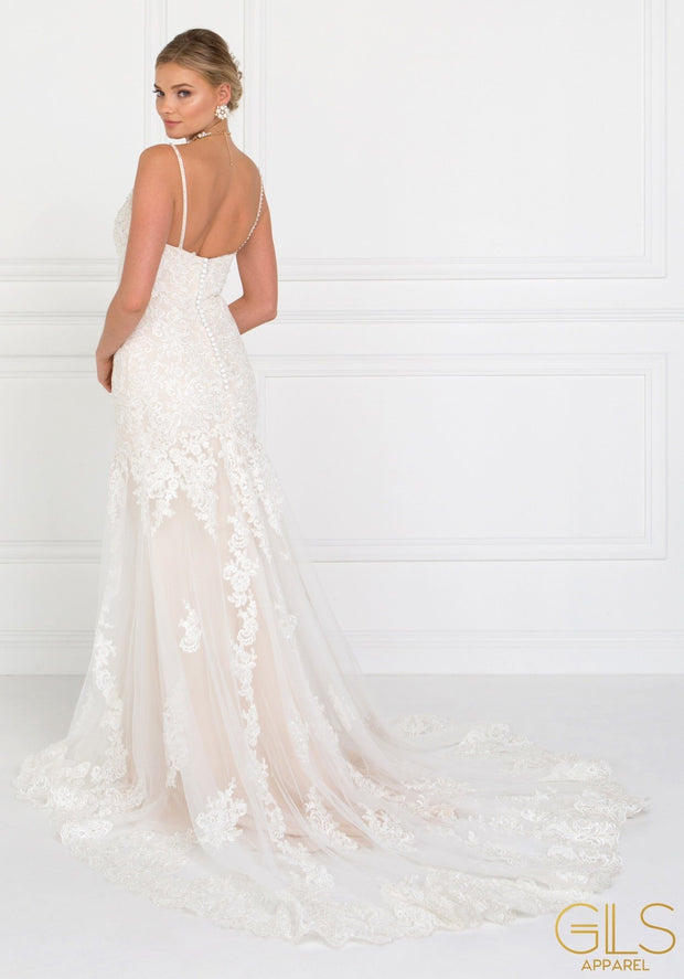 Long Lace Ivory V-Neck Wedding Dress by Elizabeth K-Long Formal Dresses-ABC Fashion