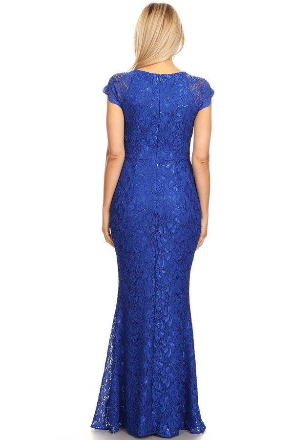 Long Lace Mermaid Dress with Cap Sleeves by Celavie 6372-Long Formal Dresses-ABC Fashion