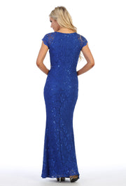 Long Lace Mermaid Dress with Cap Sleeves by Celavie 6372-Long Formal Dresses-ABC Fashion
