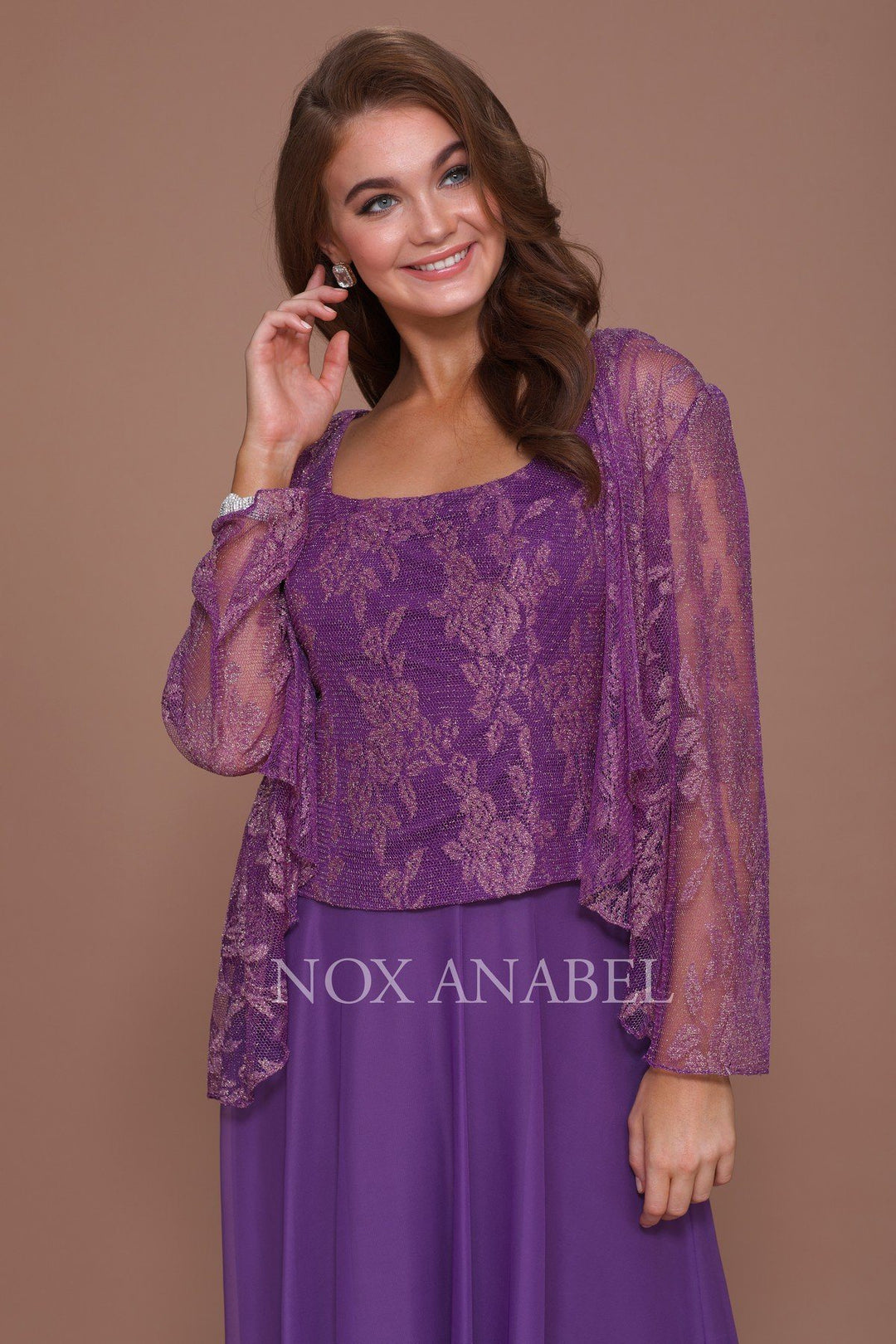 Long Lace Top Dress with Sheer Jacket by Nox Anabel 5076-Long Formal Dresses-ABC Fashion