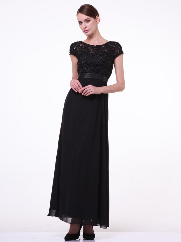 Long Lace Top Dress with Short Sleeves by Cinderella Divine 1922-Long Formal Dresses-ABC Fashion