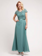Long Lace Top Dress with Short Sleeves by Cinderella Divine 1922-Long Formal Dresses-ABC Fashion