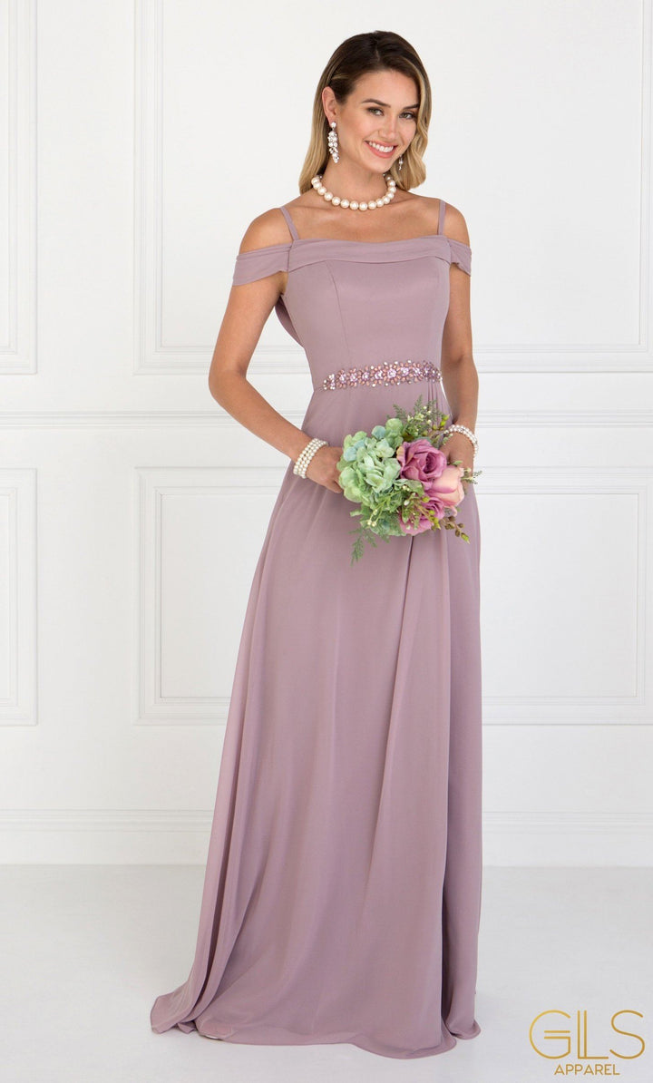 Long Lilac Cold Shoulder Dress with Cowl Back by Elizabeth K-Long Formal Dresses-ABC Fashion